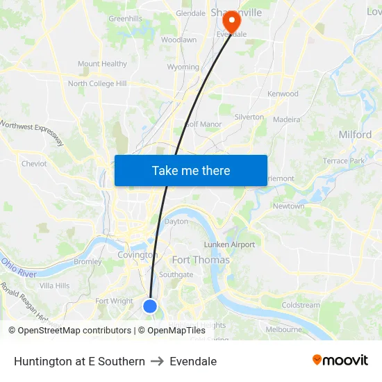 Huntington at E Southern to Evendale map