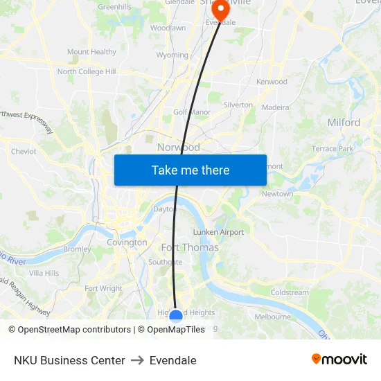 NKU Business Center to Evendale map