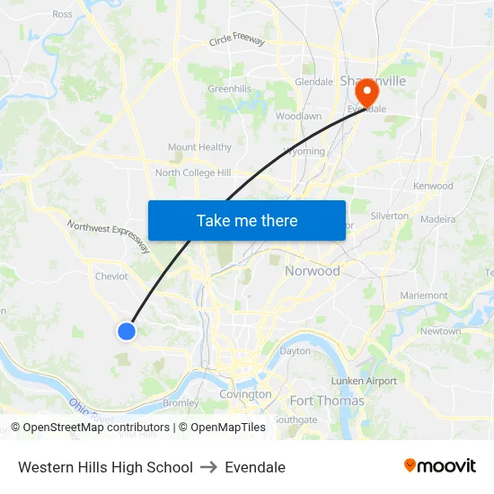 Western Hills High School to Evendale map