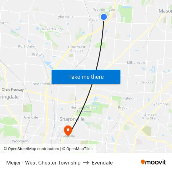 Meijer - West Chester Township to Evendale map