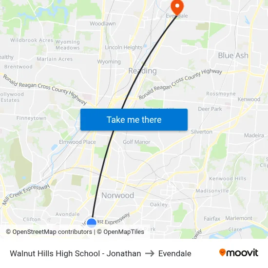 Walnut Hills High School - Jonathan to Evendale map