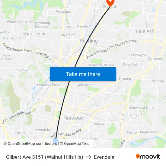 Gilbert Ave 3151 (Walnut Hills Hs) to Evendale map
