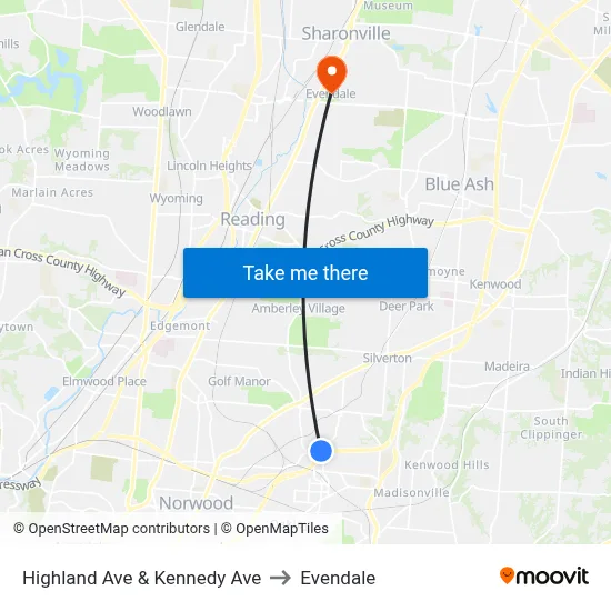 Highland Ave & Kennedy Ave to Evendale map
