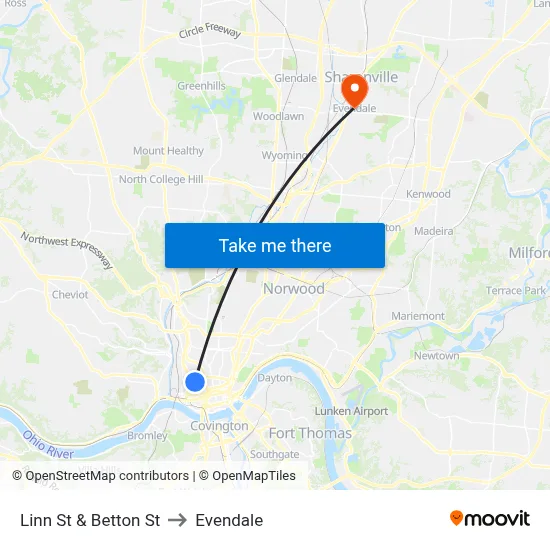 Linn St & Betton St to Evendale map