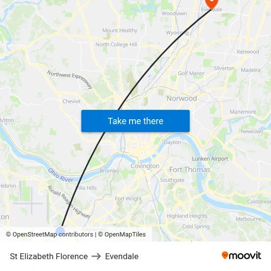 St Elizabeth Florence to Evendale map