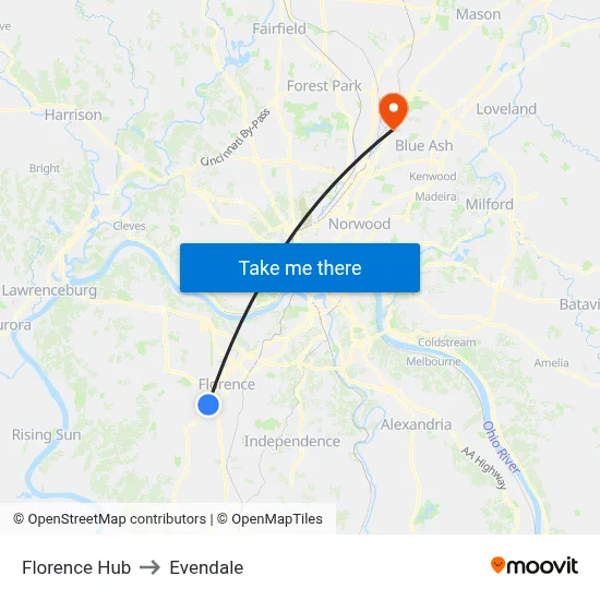Florence Hub to Evendale map