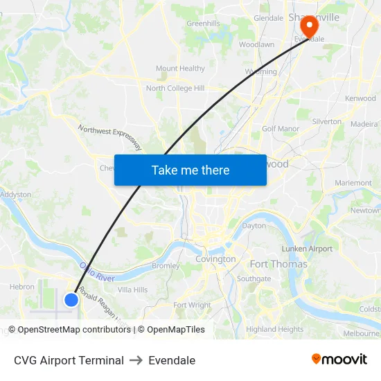 CVG Airport Terminal to Evendale map