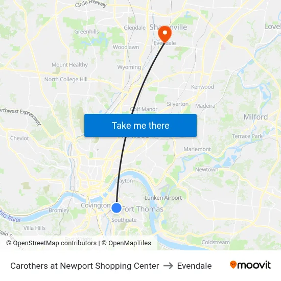 Carothers at Newport Shopping Center to Evendale map