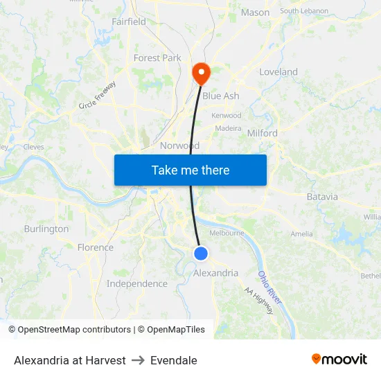 Alexandria at Harvest to Evendale map