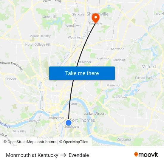 Monmouth at Kentucky to Evendale map