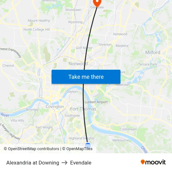 Alexandria at Downing to Evendale map