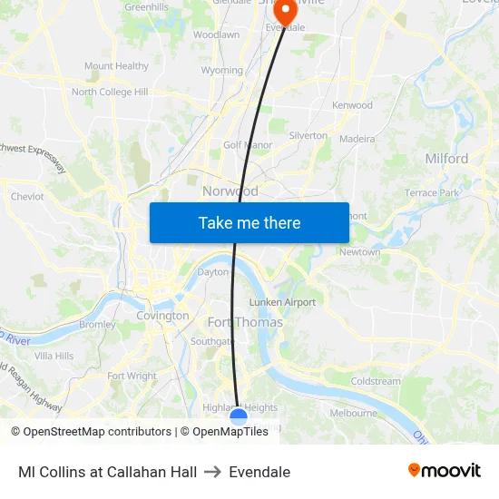 Ml Collins at Callahan Hall to Evendale map