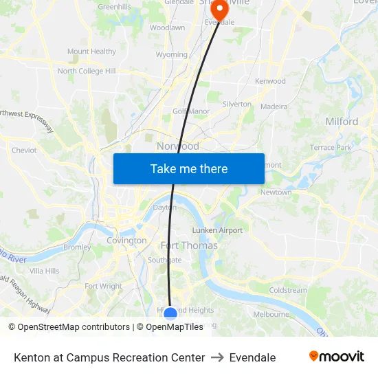 Kenton at Campus Recreation Center to Evendale map