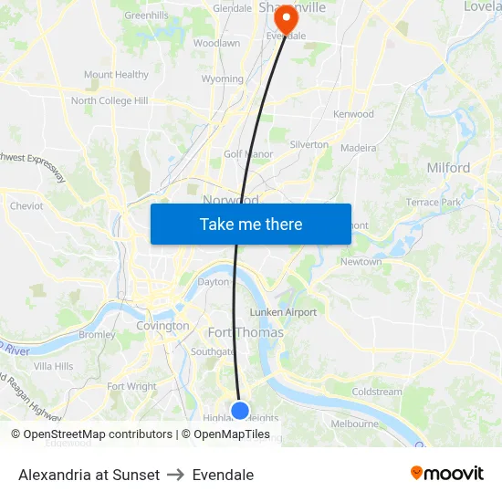 Alexandria at Sunset to Evendale map