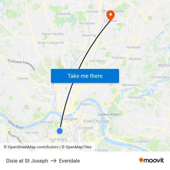 Dixie at St Joseph to Evendale map