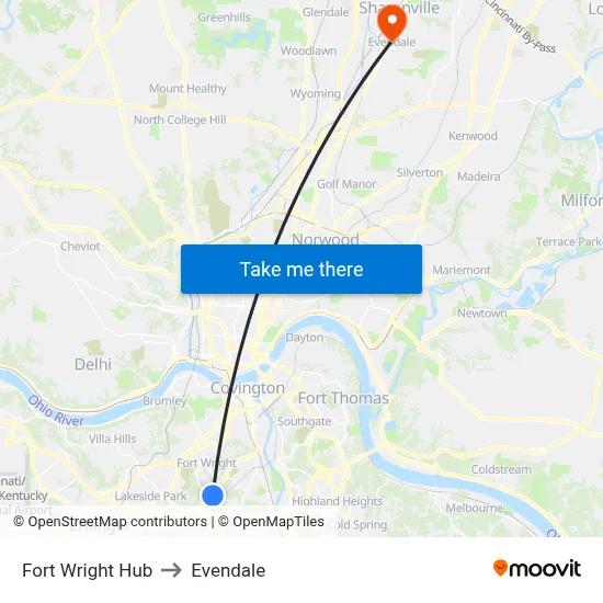 Fort Wright Hub to Evendale map