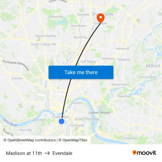 Madison at 11th to Evendale map