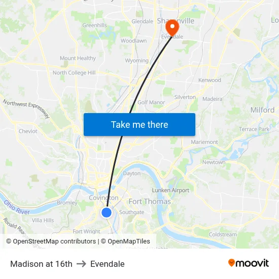 Madison at 16th to Evendale map