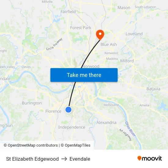 St Elizabeth Edgewood to Evendale map