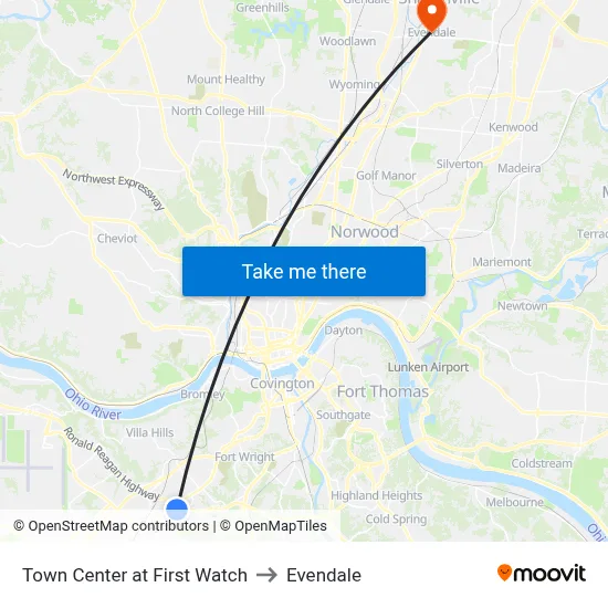 Town Center at First Watch to Evendale map