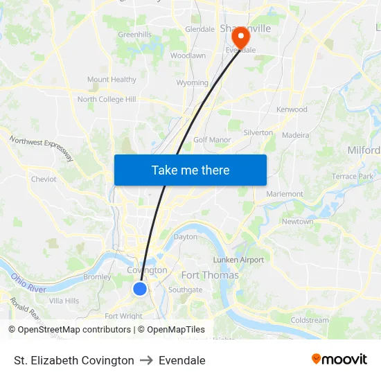 St. Elizabeth Covington to Evendale map