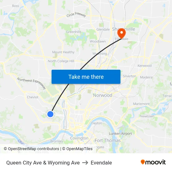 Queen City Ave & Wyoming Ave to Evendale map