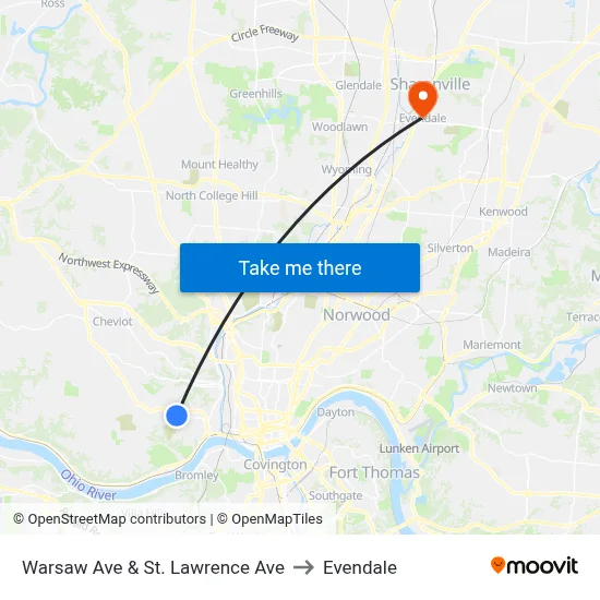 Warsaw Ave & St. Lawrence Ave to Evendale map