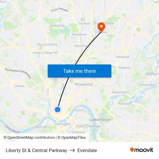 Liberty St & Central Parkway to Evendale map