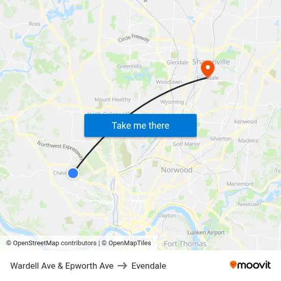 Wardell Ave & Epworth Ave to Evendale map