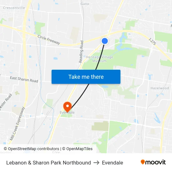 Lebanon & Sharon Park Northbound to Evendale map