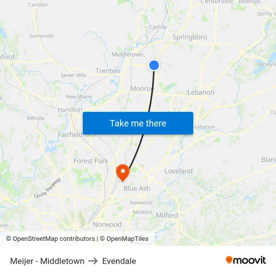 Meijer - Middletown to Evendale map