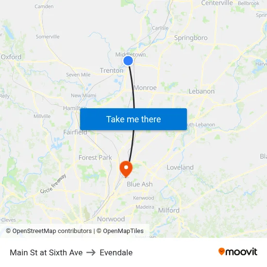 Main St at Sixth Ave to Evendale map