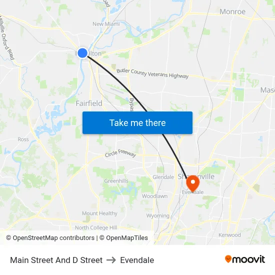 Main Street And D Street to Evendale map
