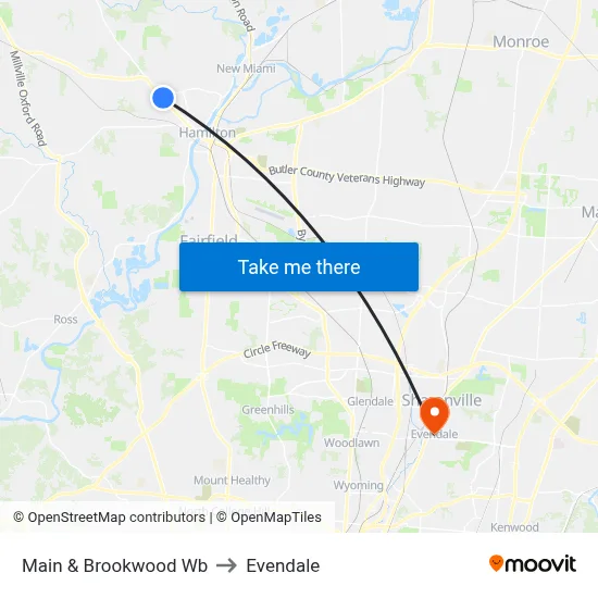 Main & Brookwood Wb to Evendale map