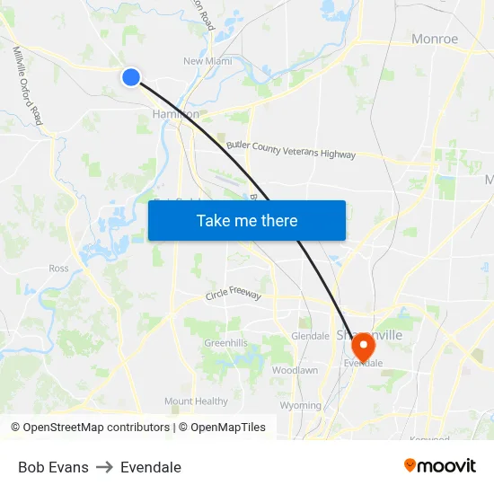 Bob Evans to Evendale map