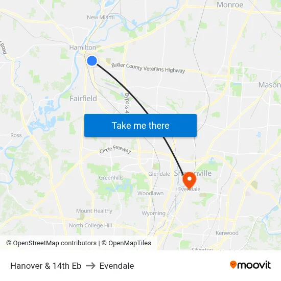 Hanover & 14th Eb to Evendale map