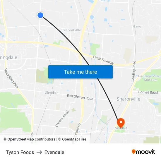 Tyson Foods to Evendale map