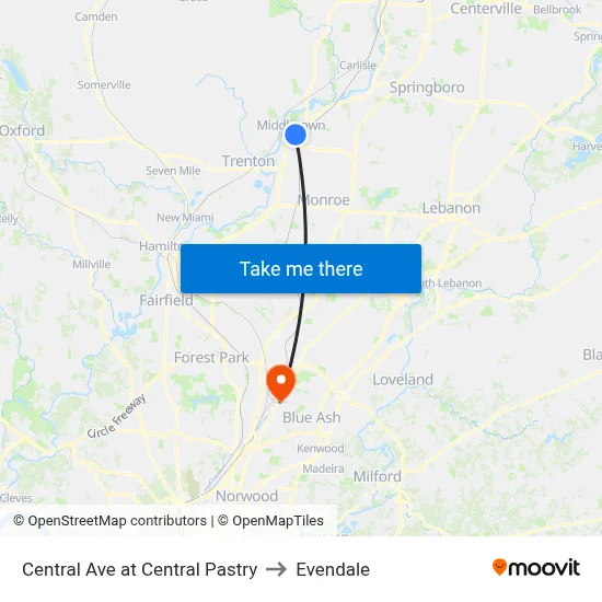 Central Ave at Central Pastry to Evendale map