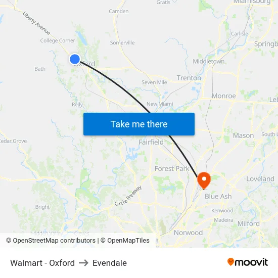 Walmart - Oxford to Evendale map