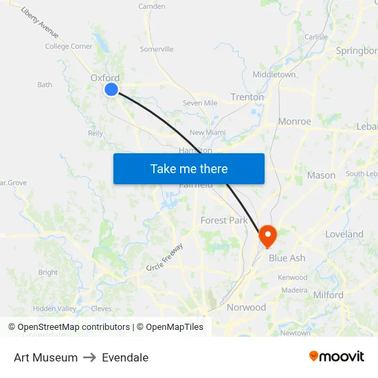 Art Museum to Evendale map