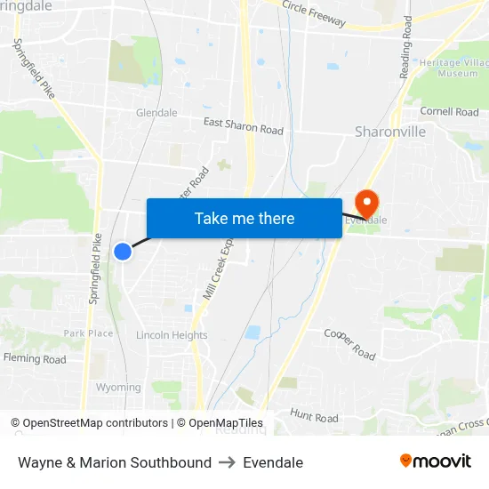 Wayne & Marion Southbound to Evendale map