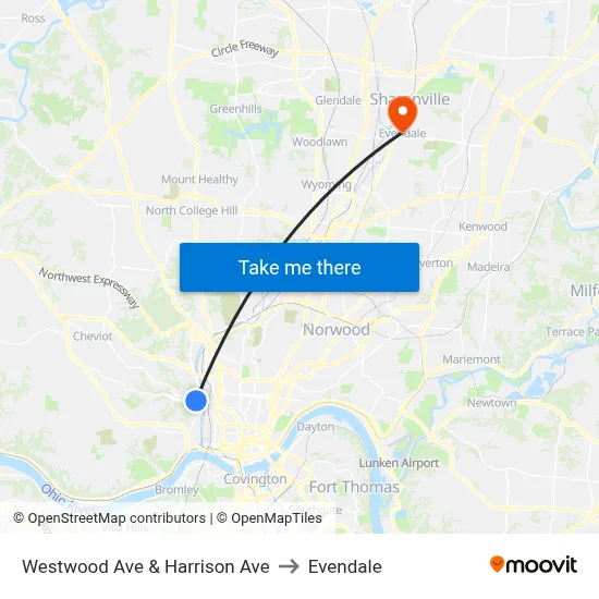 Westwood Ave & Harrison Ave to Evendale map