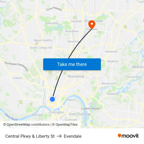 Central Pkwy & Liberty St to Evendale map