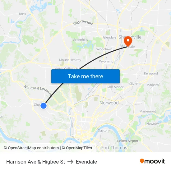 Harrison Ave & Higbee St to Evendale map