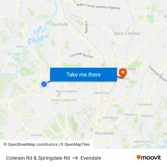 Colerain Rd & Springdale Rd to Evendale map