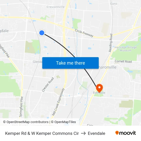 Kemper Rd & W Kemper Commons Cir to Evendale map