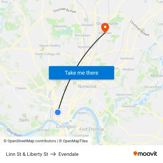 Linn St & Liberty St to Evendale map