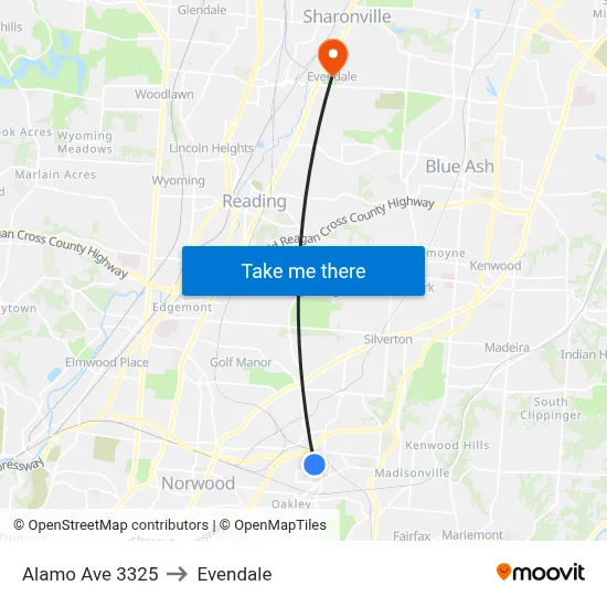 Alamo Ave 3325 to Evendale map