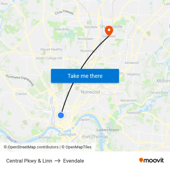 Central Pkwy & Linn to Evendale map