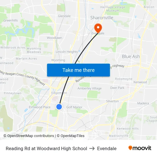 Reading Rd at Woodward High School to Evendale map